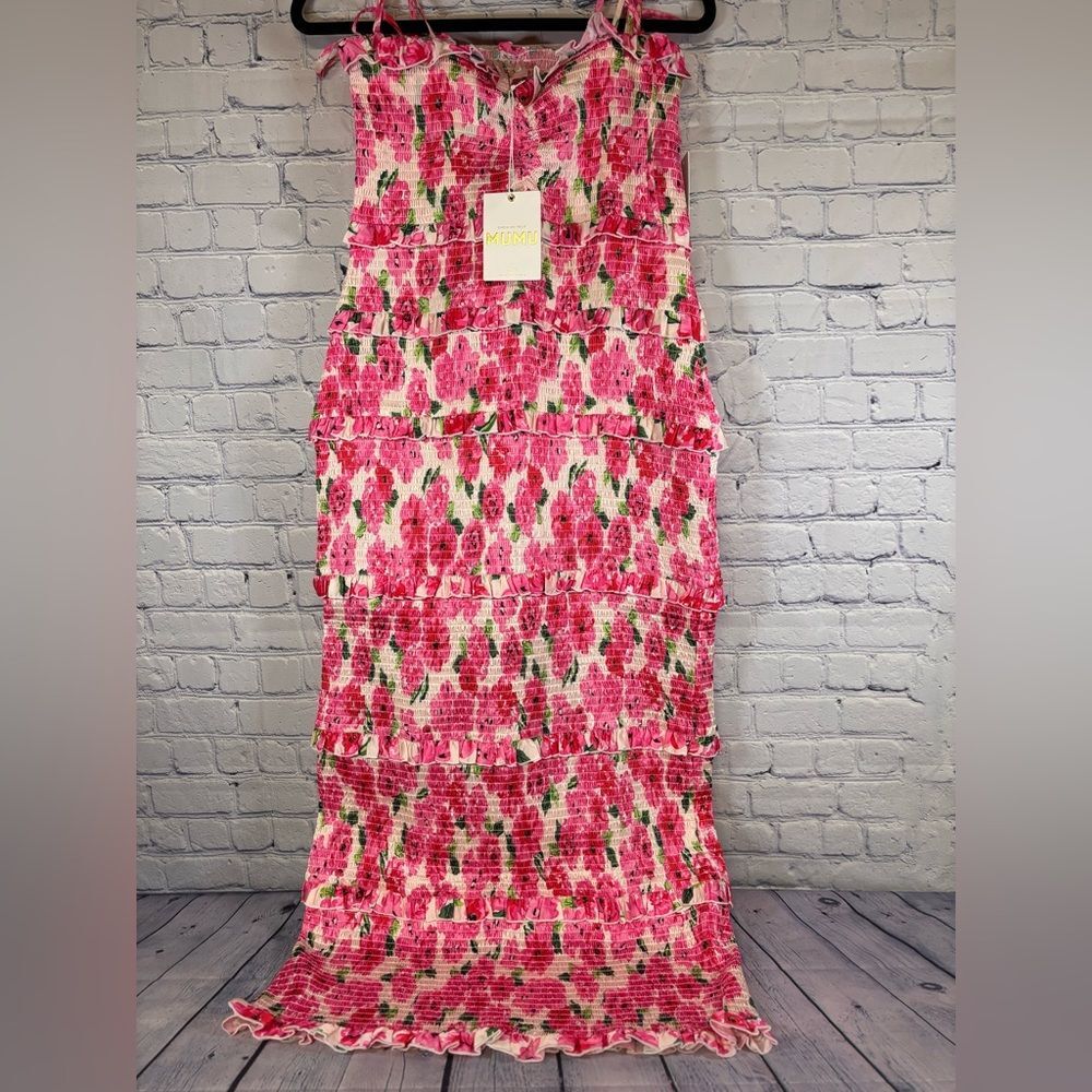 NWT Show Me Your MuMu Stella Smocked Pink Floral Soiree Wedding Midi Dress XL - Picture 1 of 12